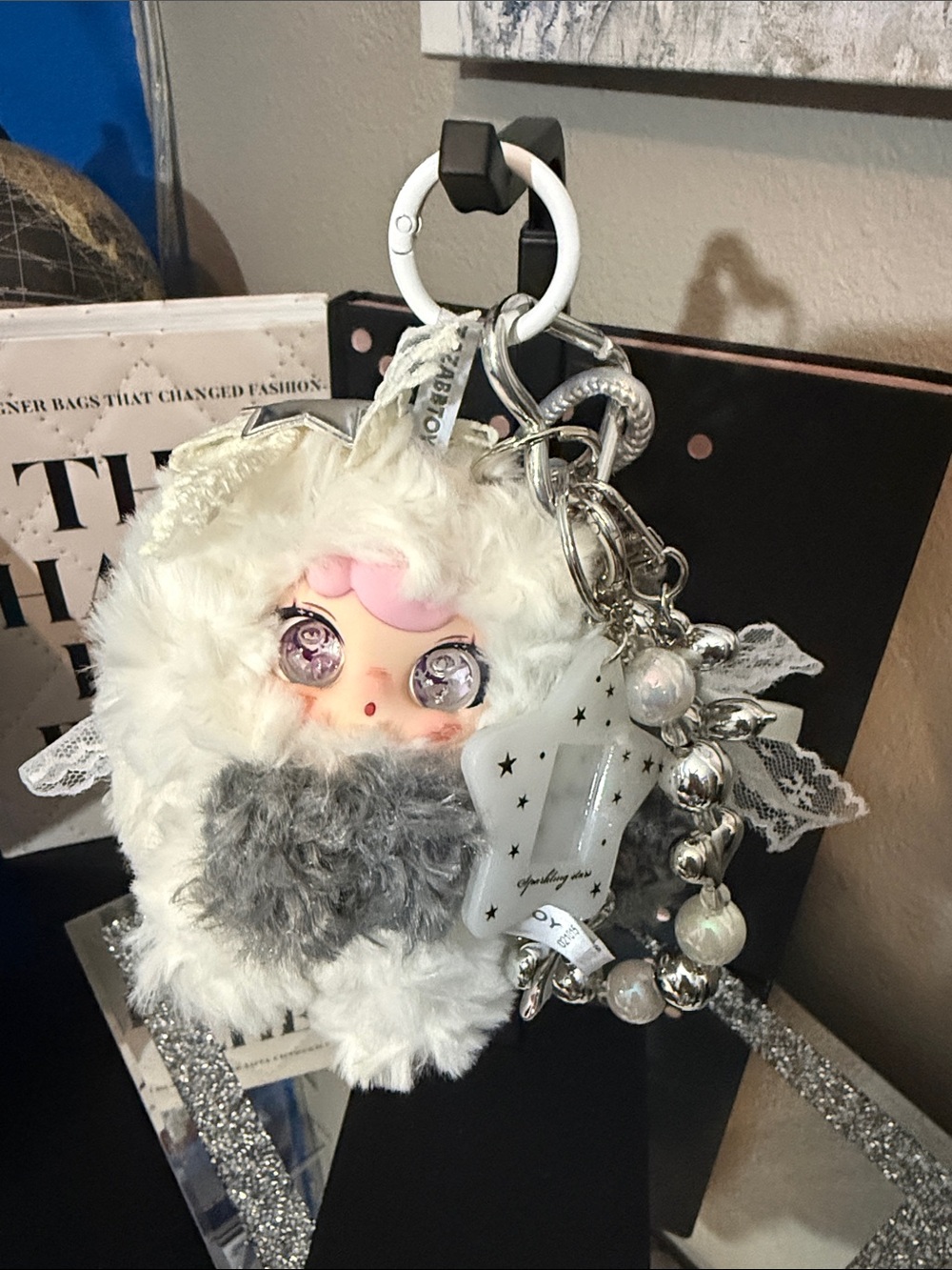 Plush Pom-Pom Doll Keychain Charm - White & Gray